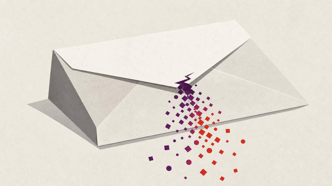 An illustration of an open envelope with small data particles and symbols spilling out through a jagged crack in the paper.