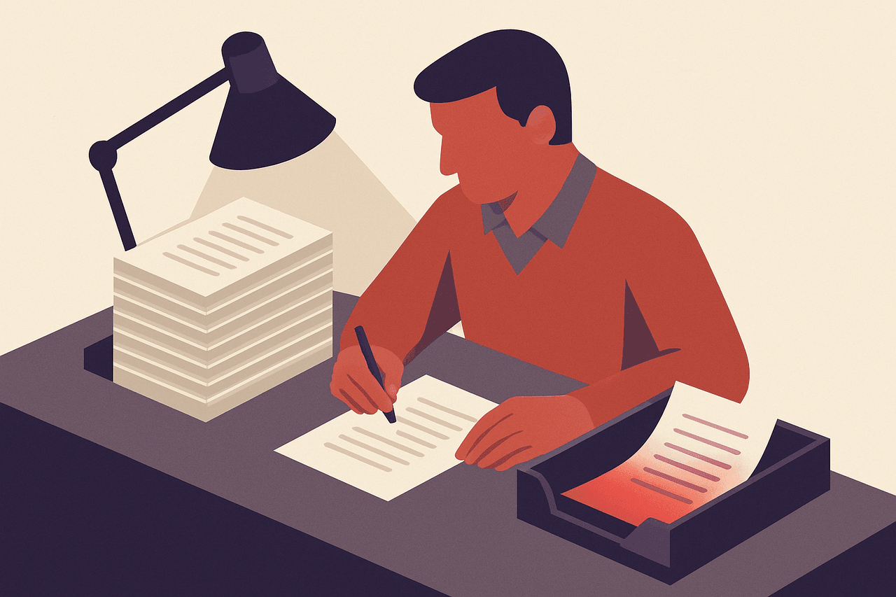 A clerk at a desk reading through a tall stack of delivery receipts by lamplight, writing a single one-page summary, and dropping it into an outgoing mail tray.