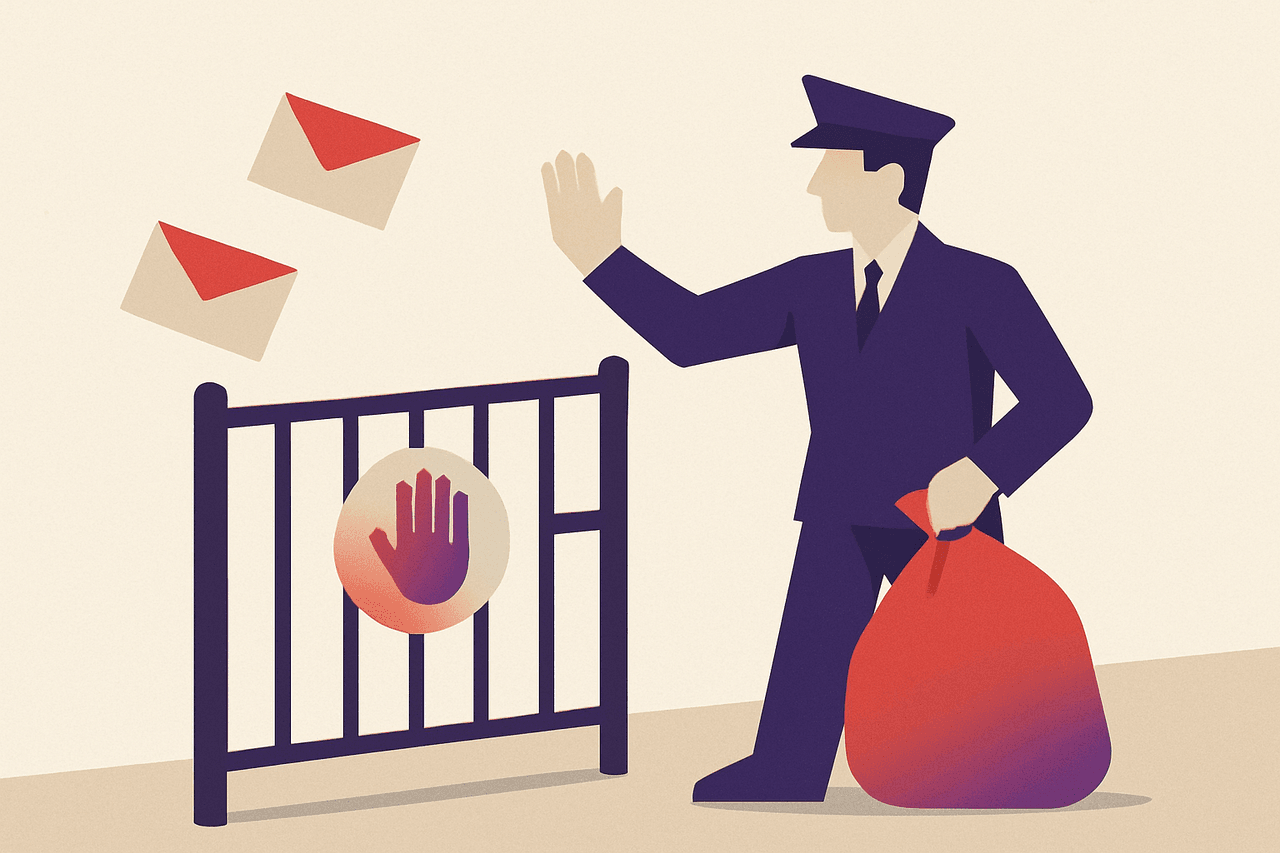 An inspector standing at the gate of a mail sorting office, waving through letters addressed to local residents while turning back a sack of letters addressed to strangers who don't live there.