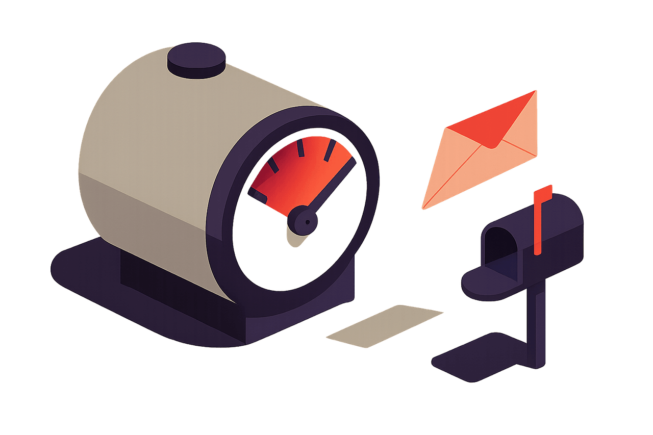 A storage tank fitted with a fuel-style gauge whose needle has dropped near empty, and a warning envelope flying out of it toward a small mailbox.