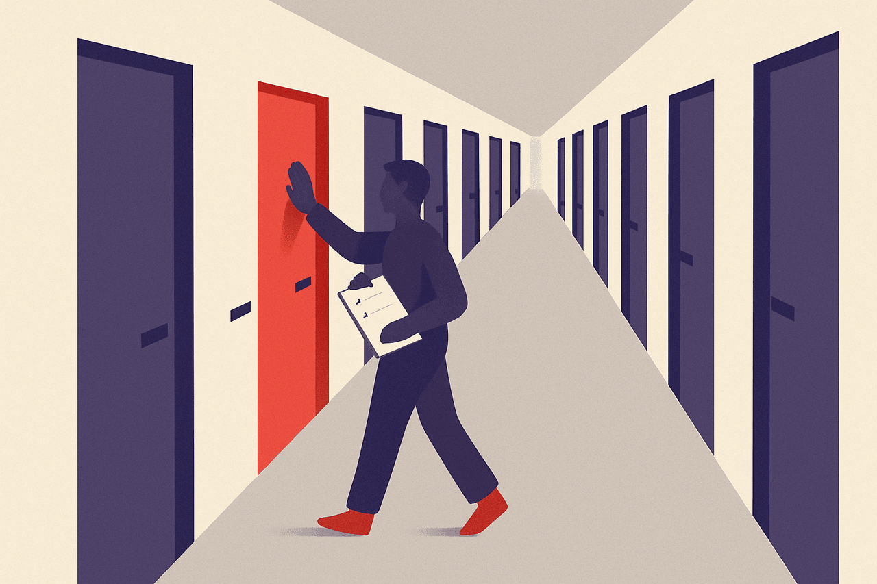 A person walking down a long corridor of numbered doors, knocking on each one and marking on a clipboard which ones answer and which stay shut.