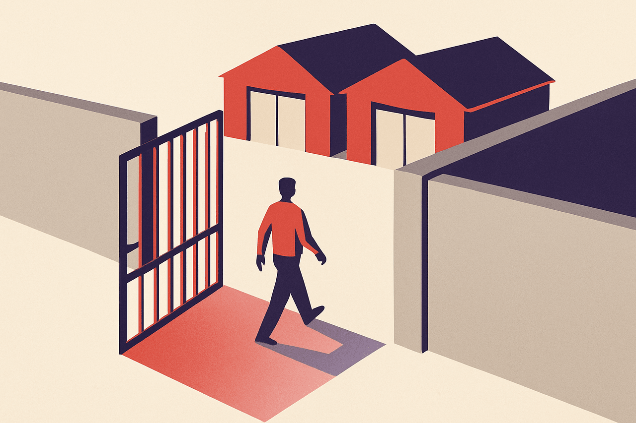an unlocked gate at the front of a walled compound letting a stranger stroll toward the storerooms behind it