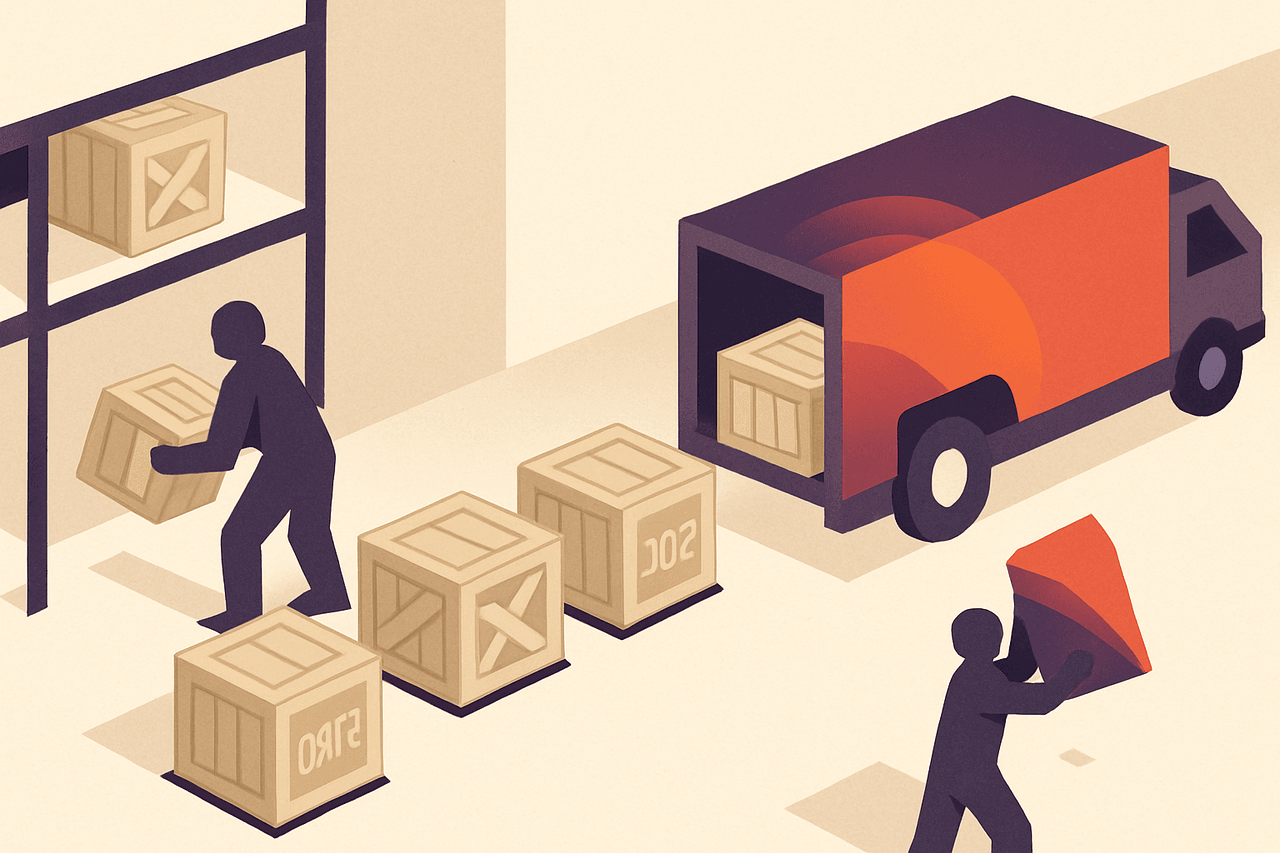 A row of dated wooden crates being sealed and loaded onto a delivery truck bound for a distant warehouse, while a worker removes the oldest crates from a shelf and discards them.