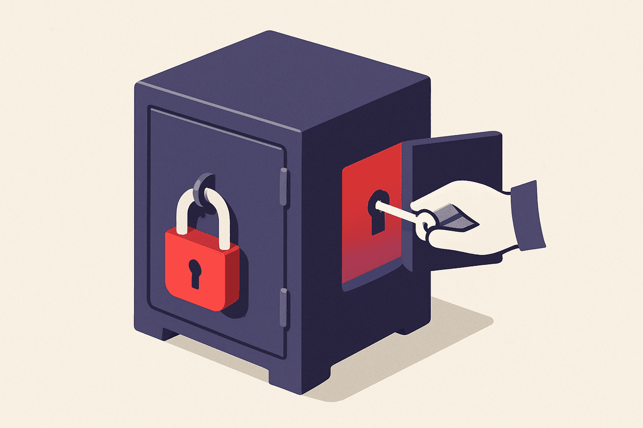 A locked steel cabinet with its front padlock still shut, being opened instead through a small hidden service hatch on the side where a technician inserts a physical key