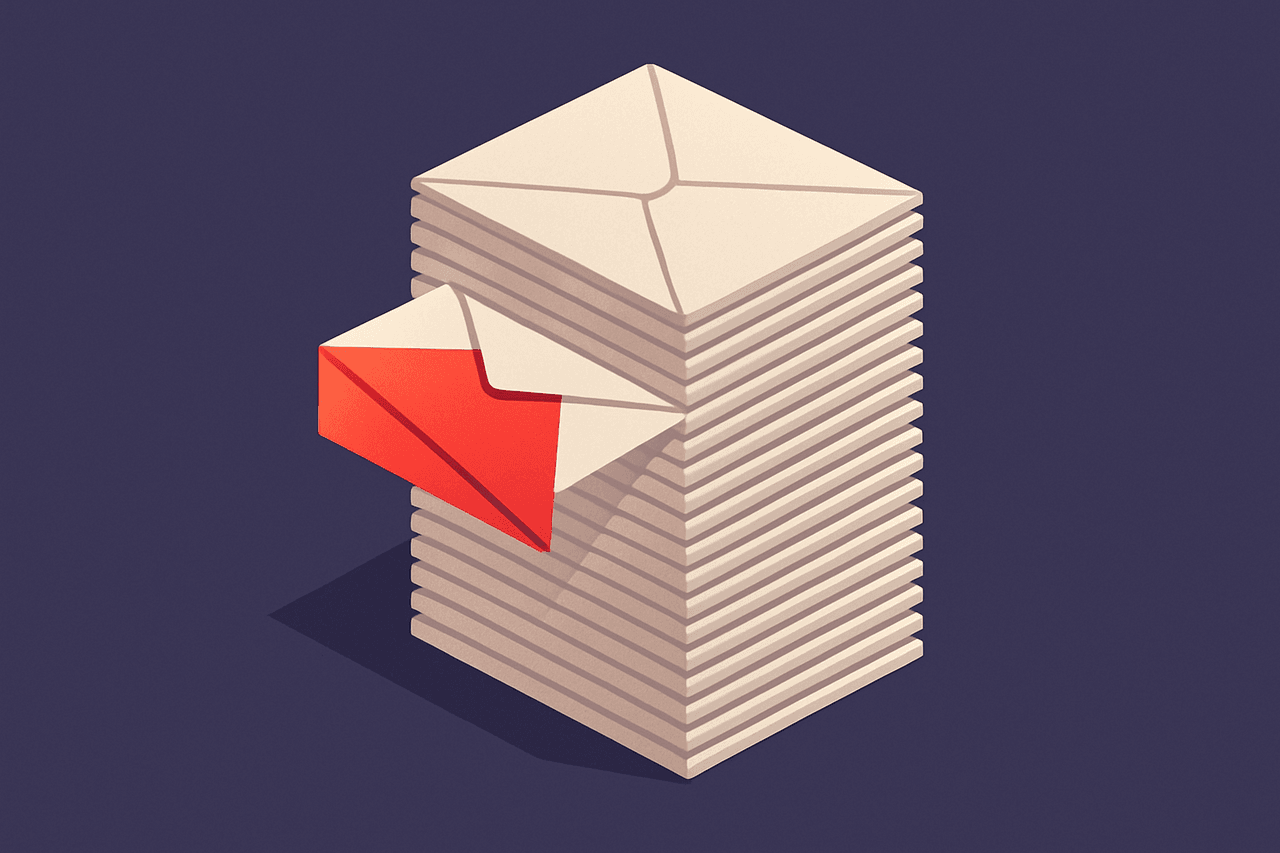 a tall stack of near-identical sealed envelopes with one red-flagged envelope pulled halfway out from the middle of the pile