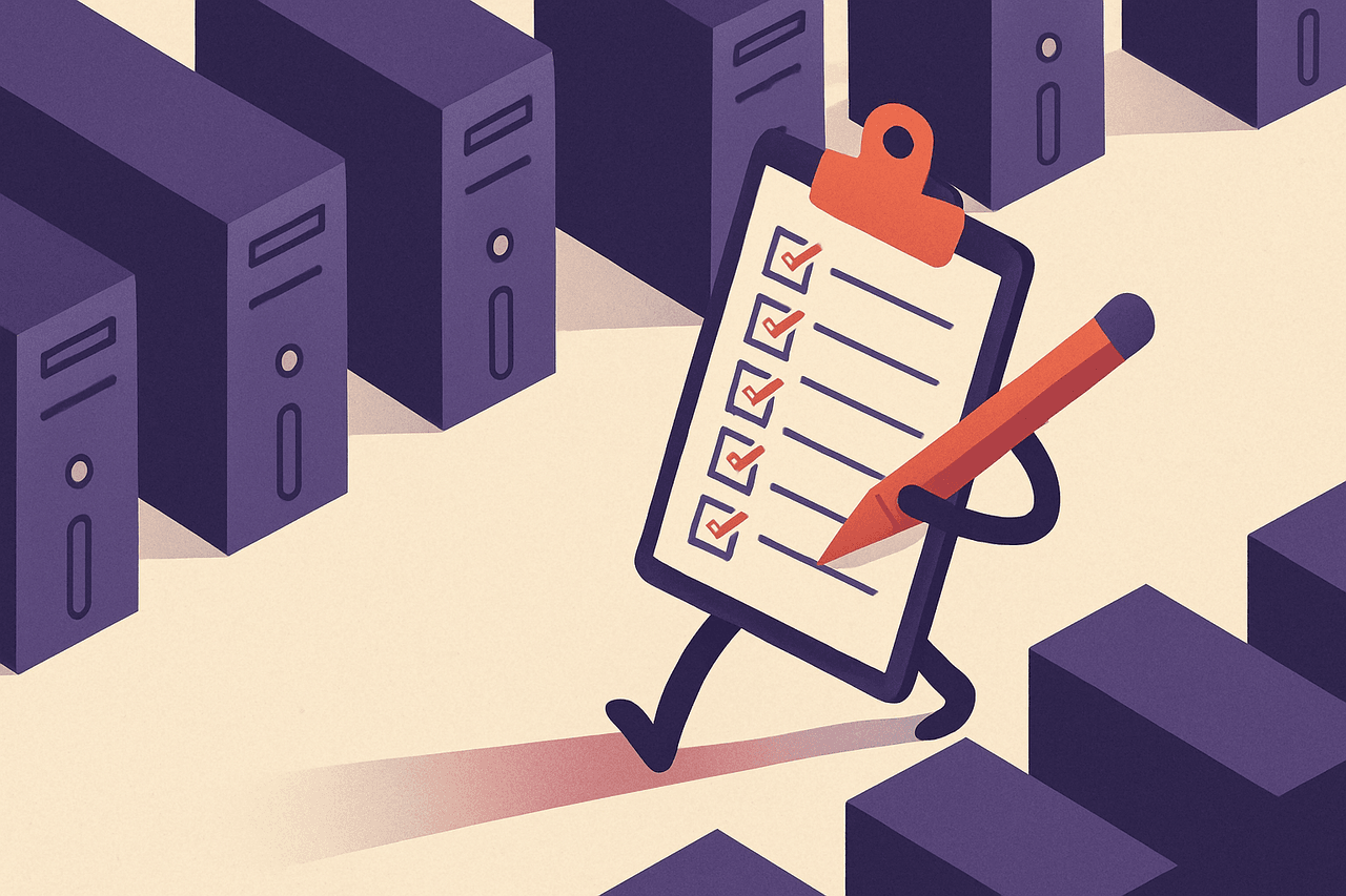 A clipboard walking down a row of identical desktop towers, noting a detail from each and adding a line to a long checklist.