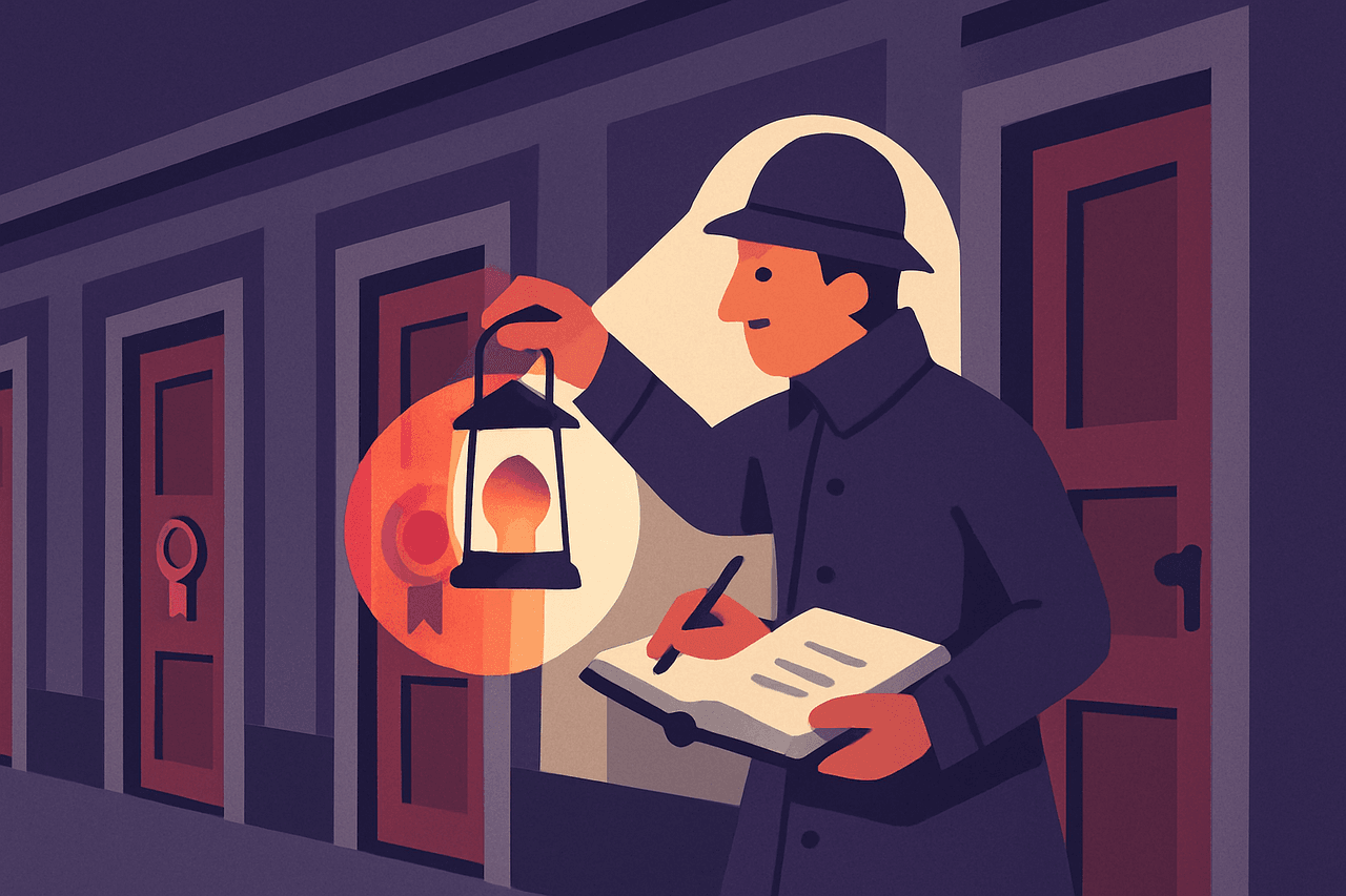 A night watchman walking past a row of buildings, holding a lantern up to a dated wax seal on each door and jotting the ones about to expire into a ledger.