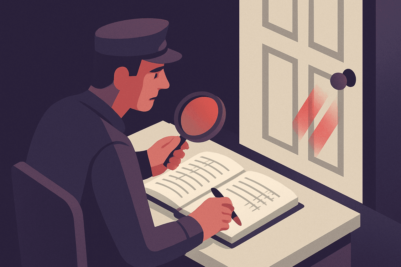 A night watchman at a desk reviewing a guest logbook with a magnifying glass, tallying repeated knocks at a locked door made by the same stranger.