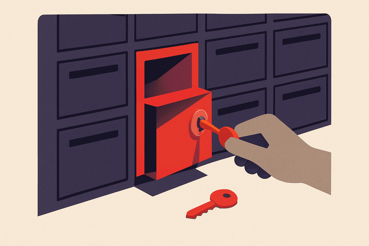 A single locked mailbox on a wall of pigeonholes being opened with a fresh key, the old key set aside.