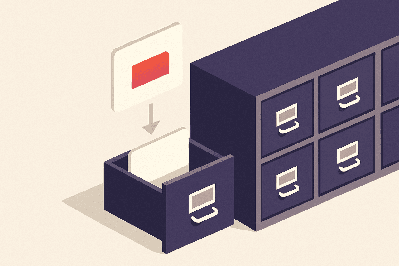 A single small address card being copied and slotted into a whole row of identical filing drawers, with one drawer pulled out for a test fit first.