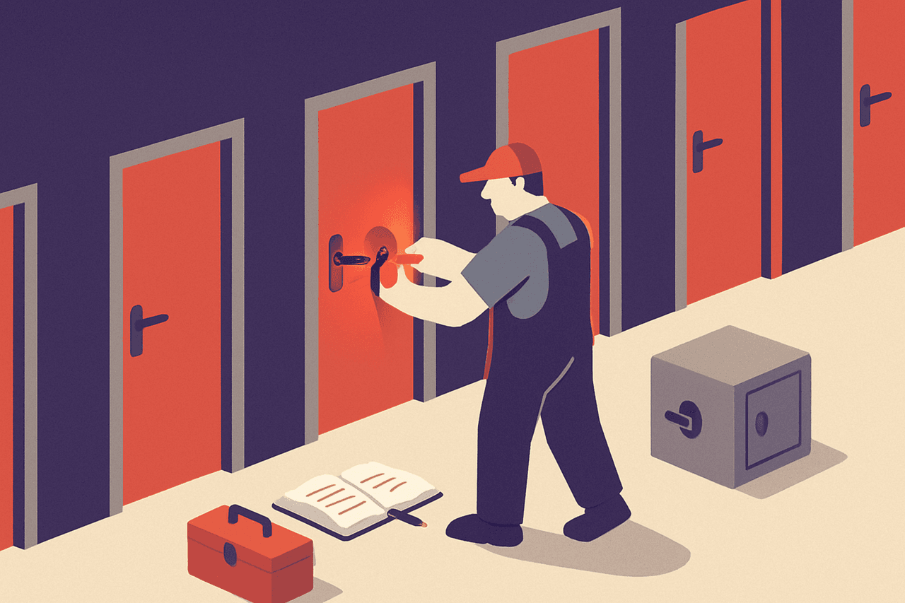 A locksmith walking down a row of identical doors, fitting a fresh lock to each one and writing the new key code for each door into a single ledger that is then locked in a small safe.