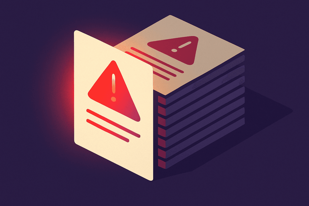 a stack of nearly identical warning notices with one card pulled forward and glowing brighter than the rest