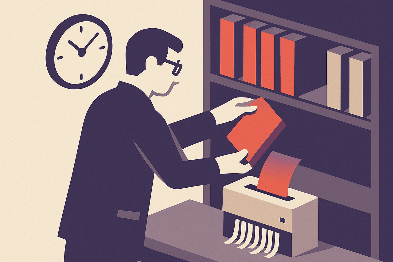 An archivist pulling the oldest dated ledgers off a shelf and dropping them into a shredder while a wall clock marks the hour, with the newest ledgers left untouched on the shelf.