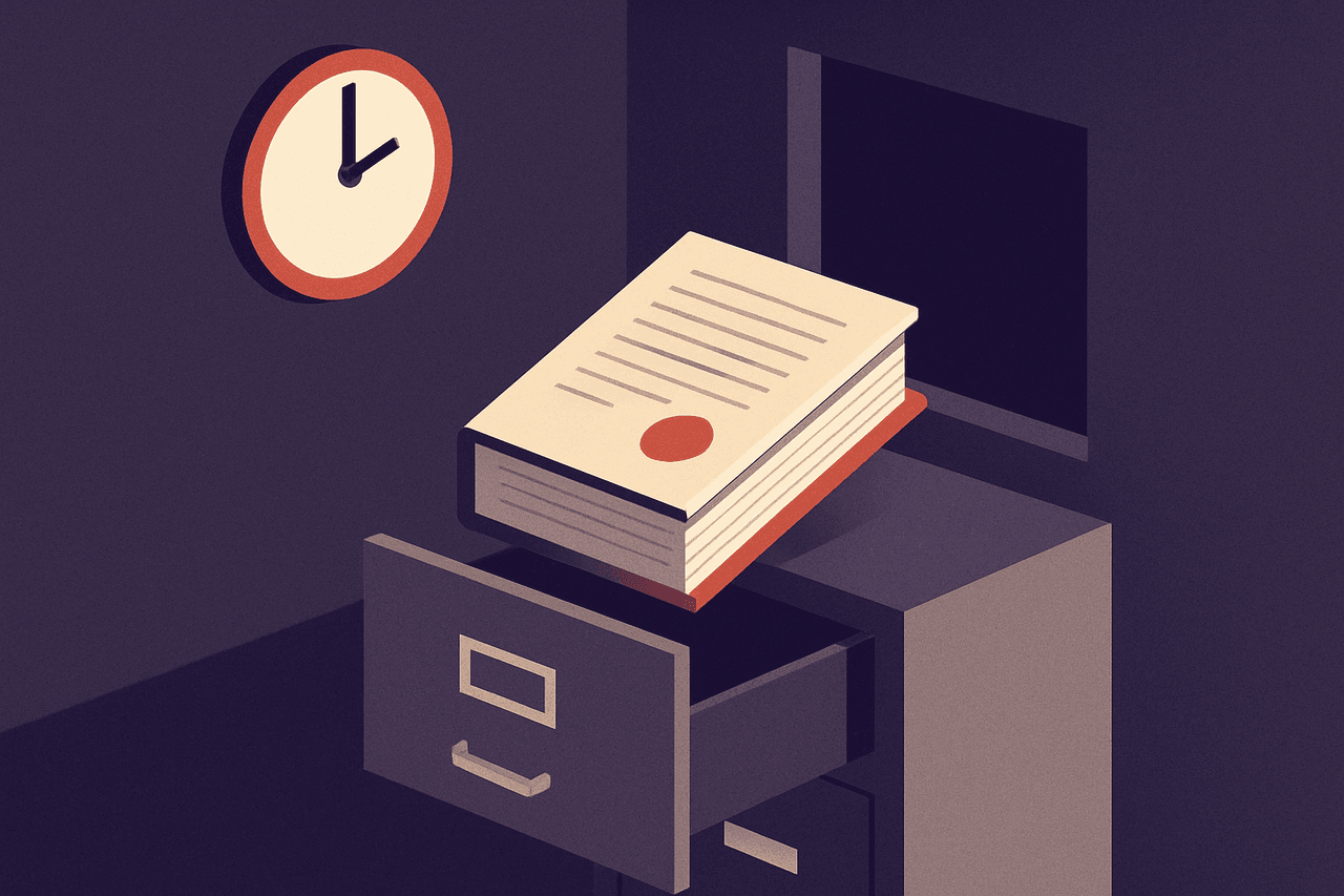 A night-time office where a wall clock reads two o'clock and a freshly stamped copy of a thick ledger slides on its own into a labeled drawer of a filing cabinet.