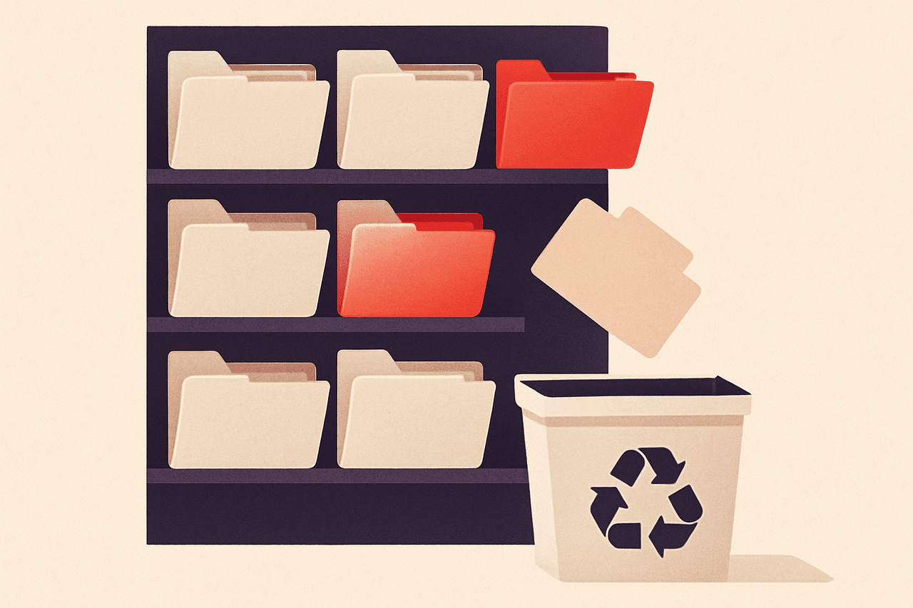 A wall of dated file folders where the newest are neatly filed and the oldest, faded ones are being lifted out and dropped into a recycling bin.