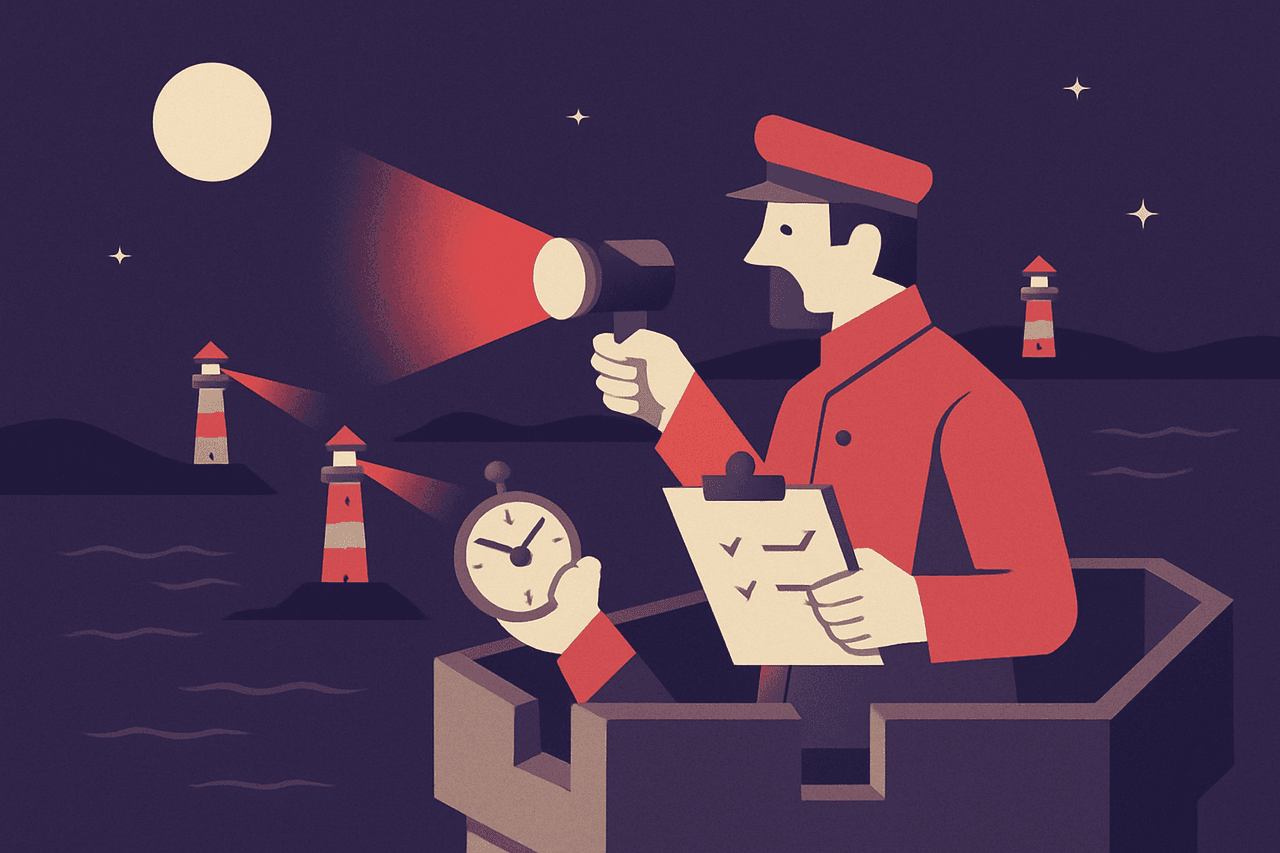 A night watchman on a tower flashing a signal lamp at several distant lighthouses one by one, a stopwatch in hand, ticking each one off on a clipboard as it flashes back.