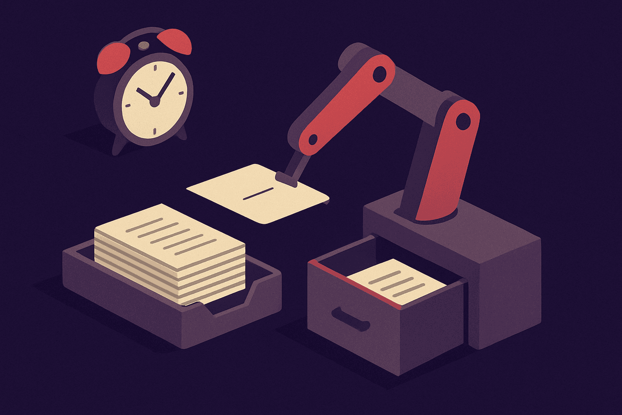 A wind-up clock wired to a mechanical arm that copies a stack of documents from one tray into a second labelled storage drawer, at night.
