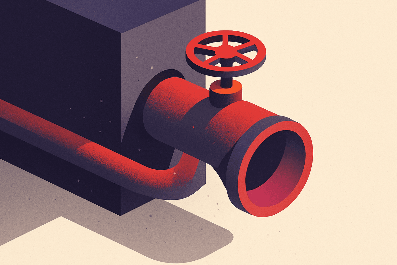 a dusty unused pipe on the side of a machine that an intruder quietly twists open to slip into a sealed engine room