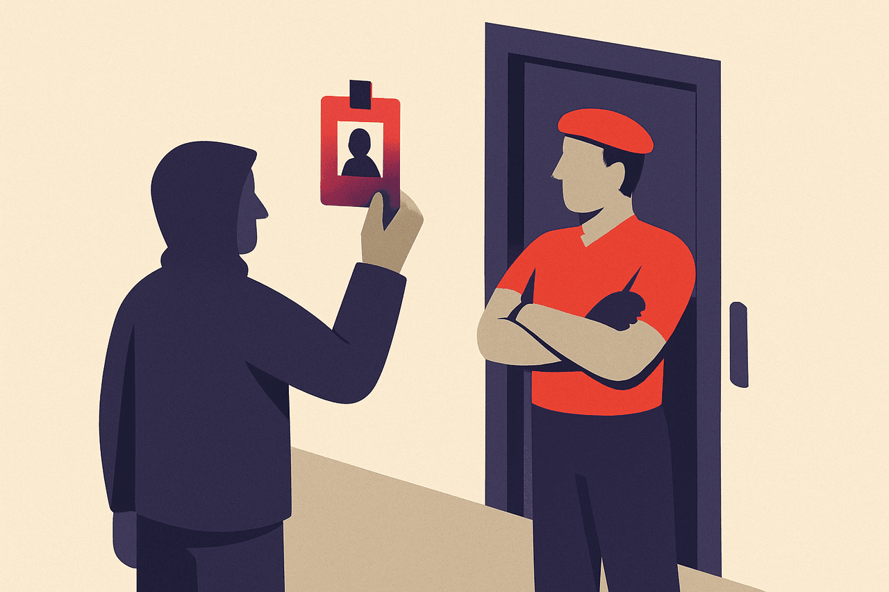 a stranger at a guarded door holding up someone else's name badge to be let through