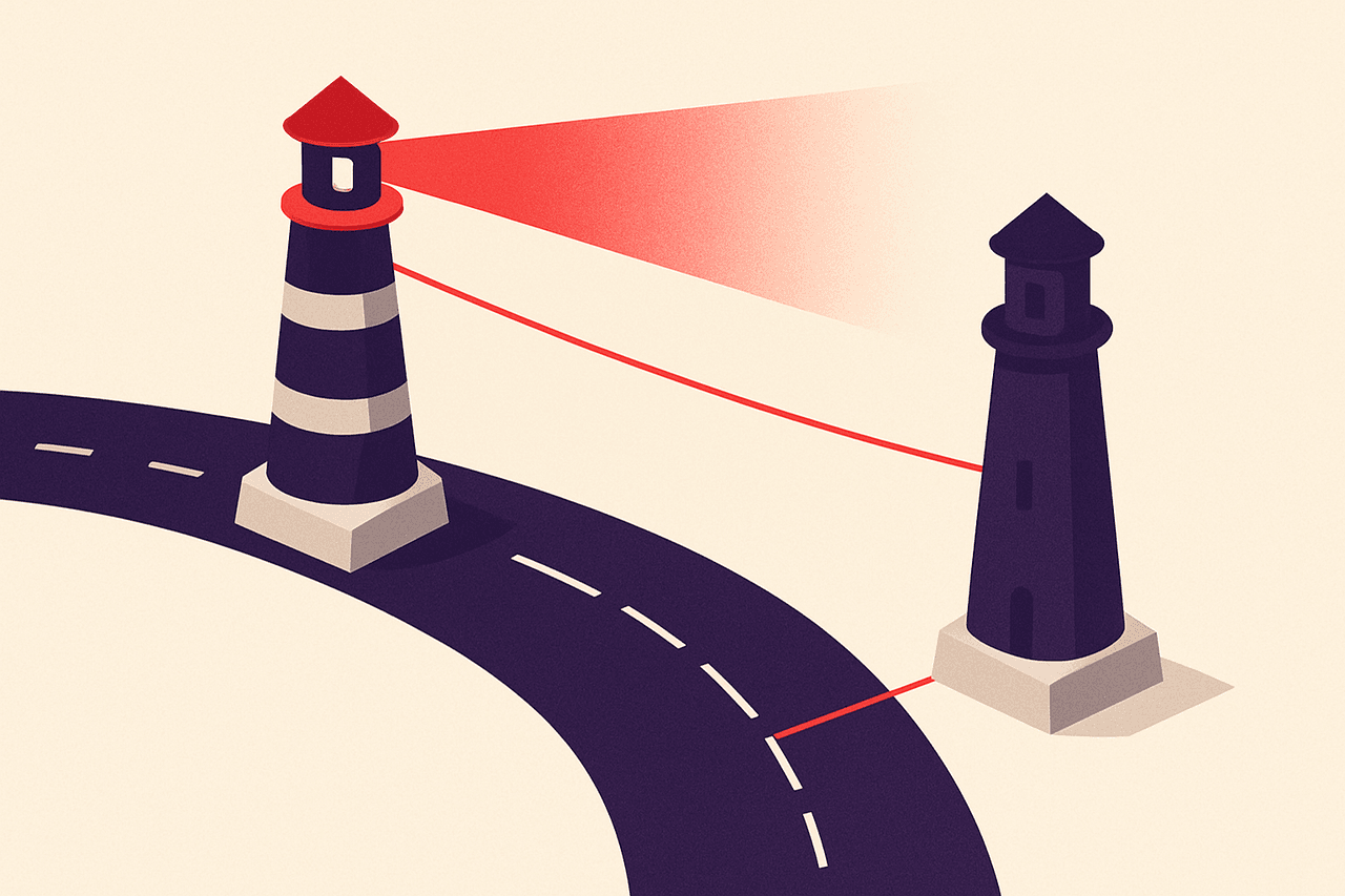 Twin lighthouses linked by a cable — one lit and scanning the road, the second dark but ready — with a tripwire along the road that switches the light to the second tower the moment the line to the first goes dark.