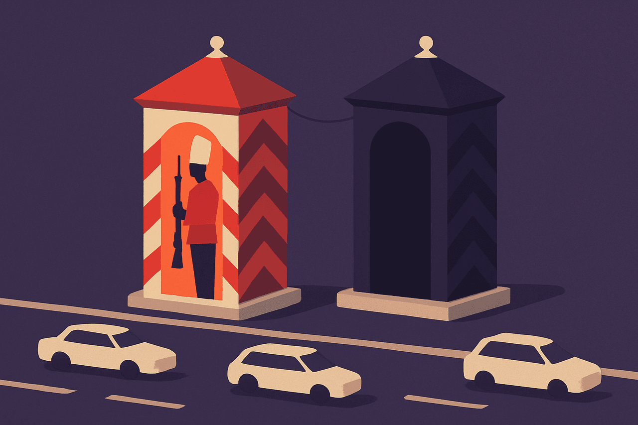 Two identical sentry boxes standing side by side, joined by a single cable, one lit and on duty while the other waits dark and ready, with a road of traffic flowing past both.