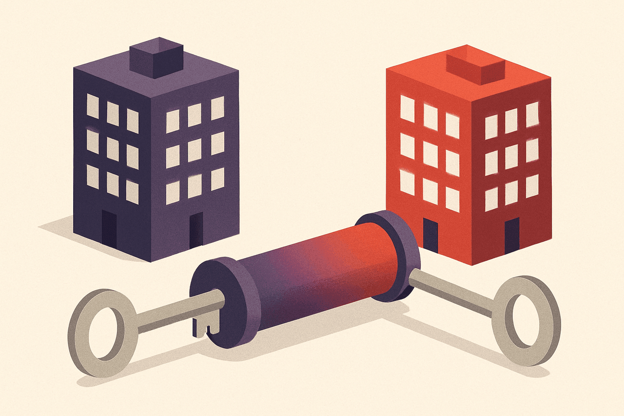 Two separate office buildings joined by a sealed underground pipe, with a matching pair of identical keys, one held at each end.