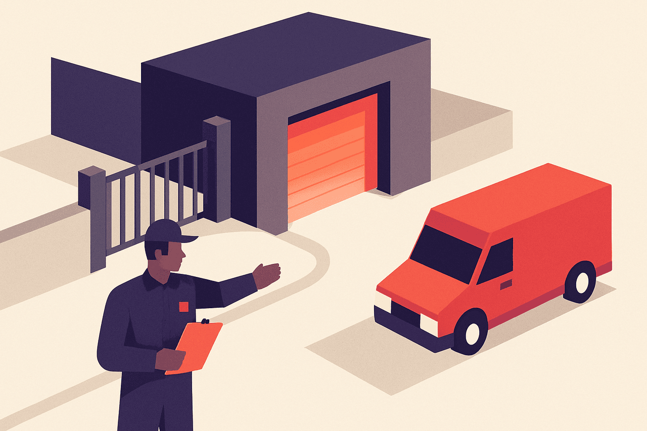 A gate guard at a building entrance checking a clipboard list, then waving a delivery van toward one specific numbered loading-dock door inside the compound.