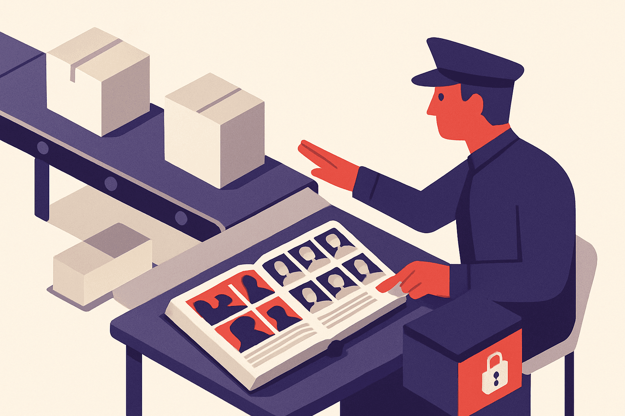 A security guard at a conveyor belt inspecting passing parcels against a thick catalogue of wanted-poster pictures, waving most through and pulling a few aside into a locked bin.