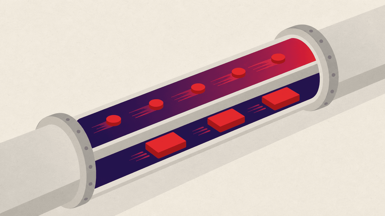 A cross-section of a pipe with internal partitions directing fast-moving VoIP packets and backup data into express lanes while other traffic flows more slowly in shared lanes.