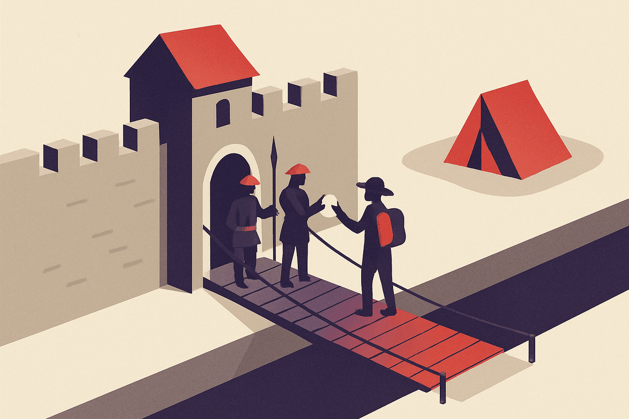 A guarded gatehouse in a stone wall lowering a narrow rope bridge across a moat to a single traveler's tent on the far bank, a sentry checking the traveler's papers before letting them cross.