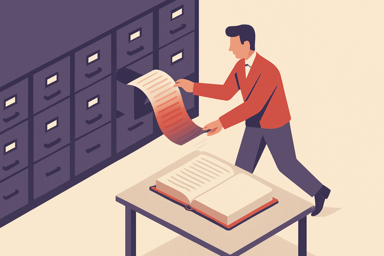 A clerk walking down a long row of filing cabinets, pulling a printed list from each drawer and stacking them all into one bound ledger on a desk.