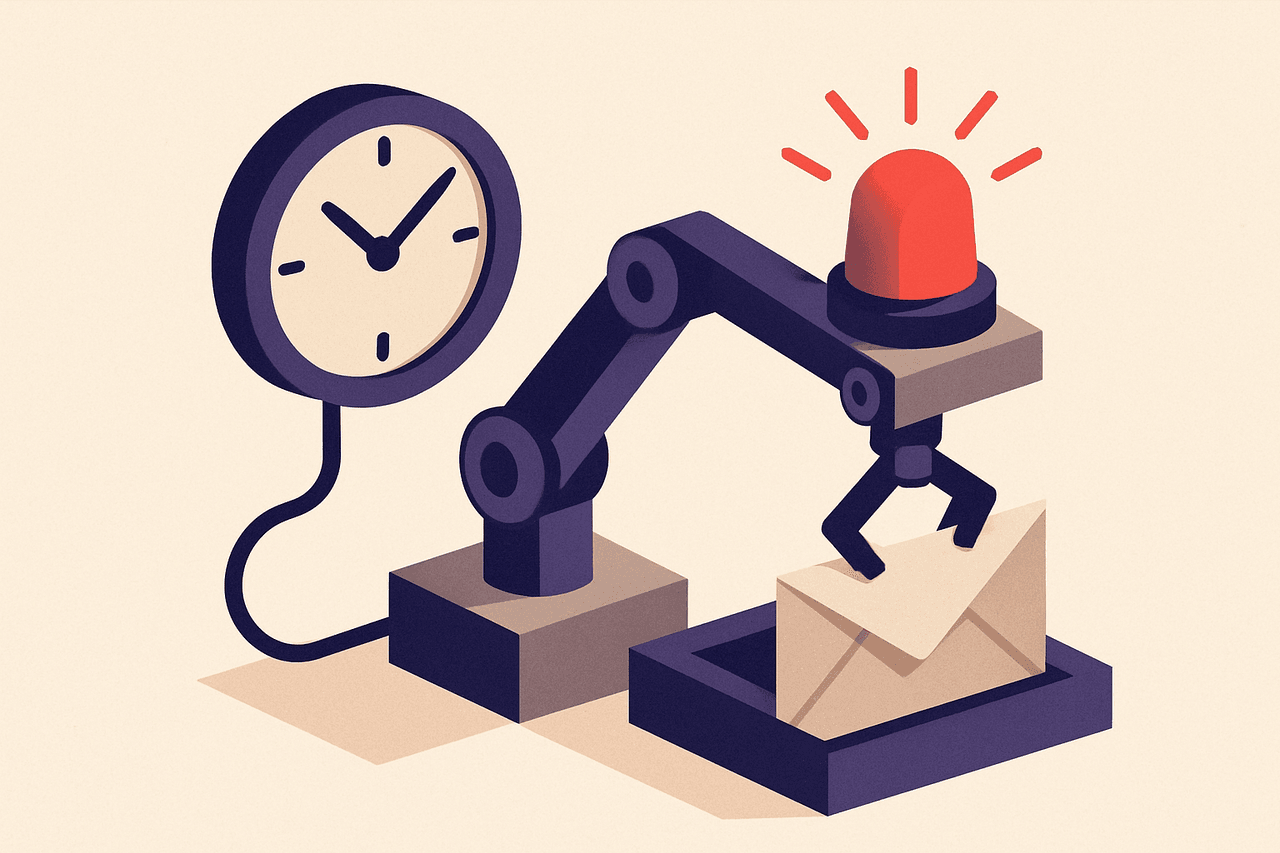 A wall clock wired to a small mechanical arm that runs a task, with a red warning light and an envelope popping out when the task jams.