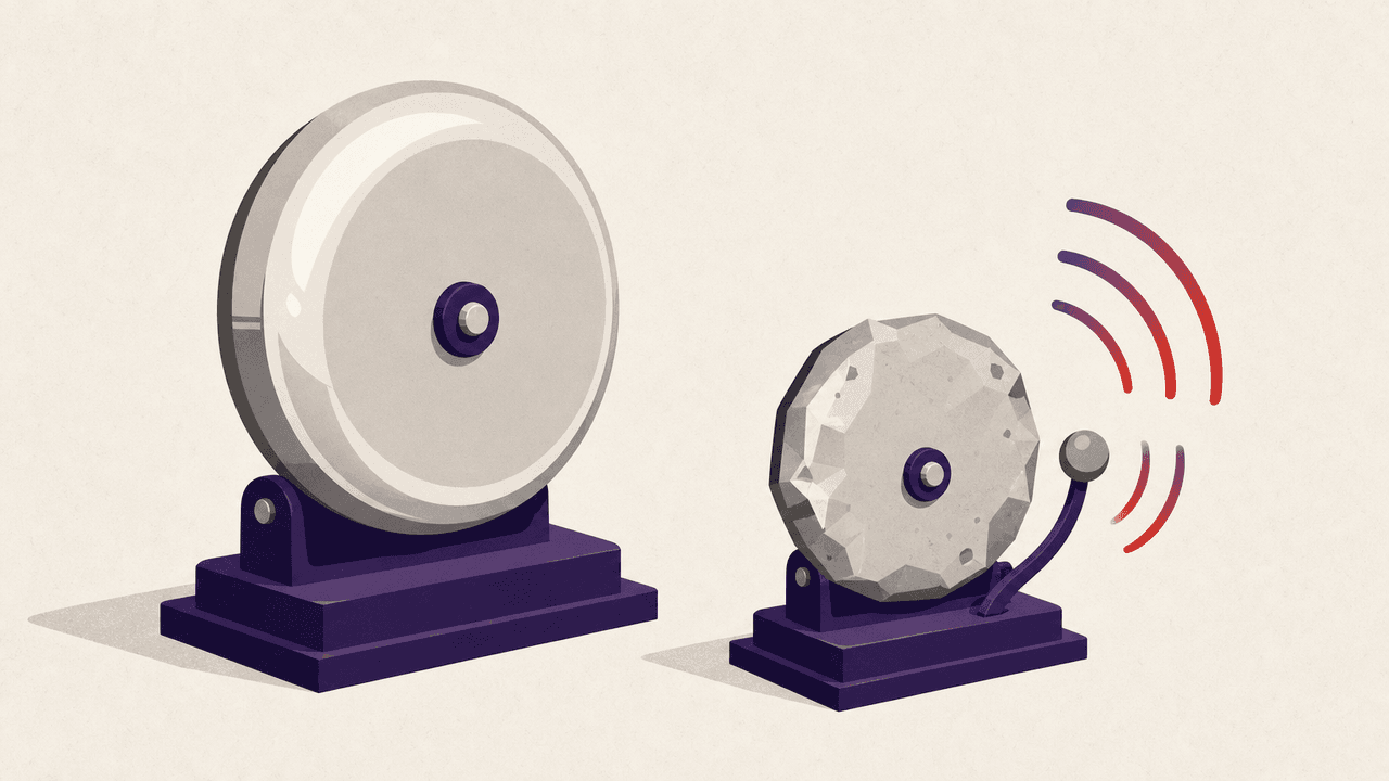 two alarm bells side by side, the large polished one standing silent while a smaller dented one rings