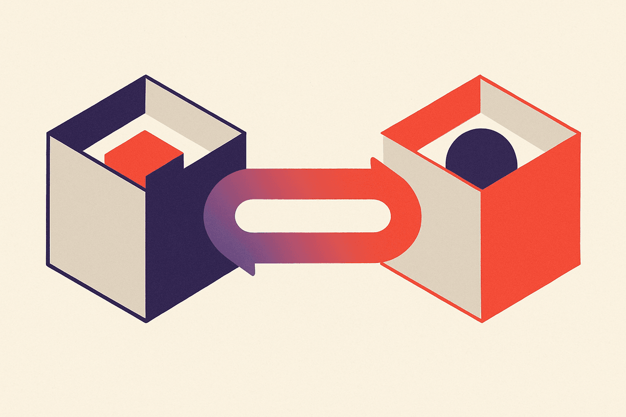 Two mirrored geometric containers exchanging shapes along a bidirectional path