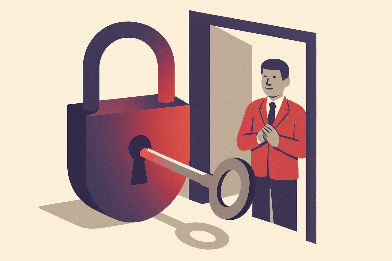 A padlock on an office door swinging open as a key turns, a relieved worker waiting on the other side.