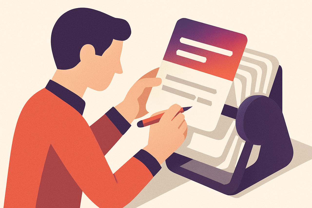 A clerk updating the printed cards in an office rolodex, pencilling in a new job title and phone extension on each card before slotting it back.