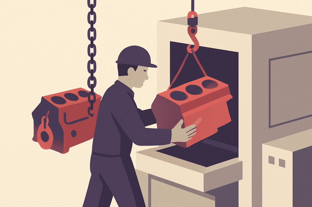 A worker carefully hoisting a heavy engine block out of a machine while a safety chain still holds the old block nearby, ready to be dropped straight back in.