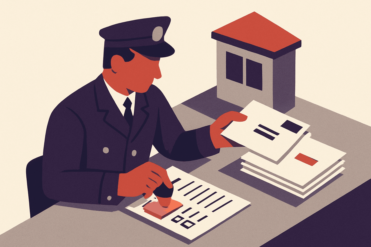 A postal inspector at a gatehouse checking the address labels on a stack of letters against a printed checklist, setting the correct ones aside and re-stamping the wrong labels with a corrected sticker.