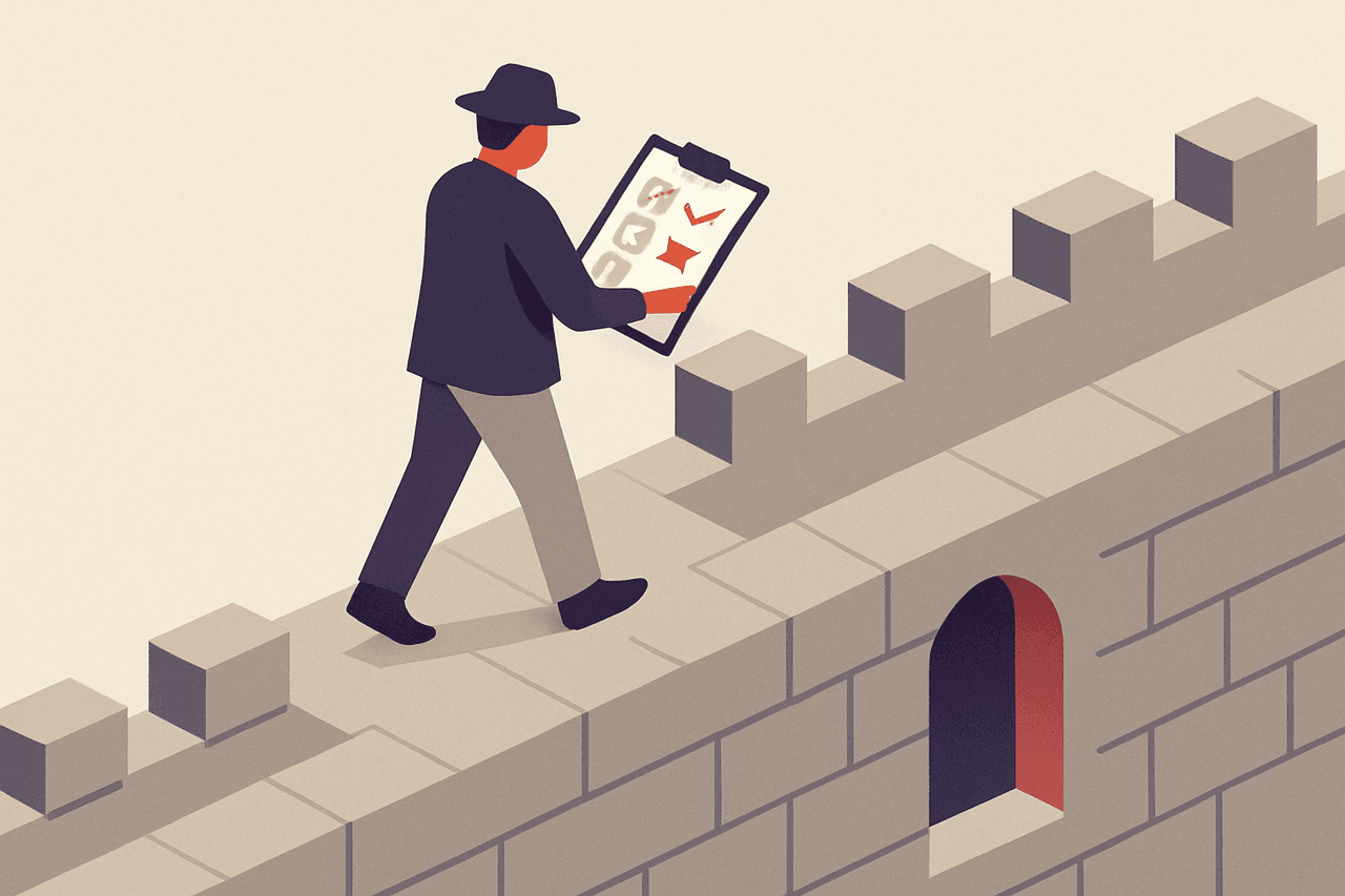 An inspector walking along the top of a fortified stone wall with a clipboard, ticking and crossing off boxes on a checklist, touching nothing