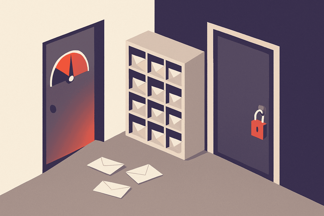 a mail sorting room where one side door marked with a monitoring gauge stands ajar while the main entrance is locked