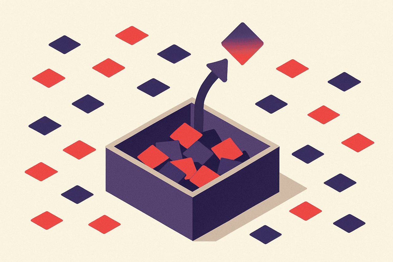 Small geometric forms collecting into one larger container, with a single form lifting away