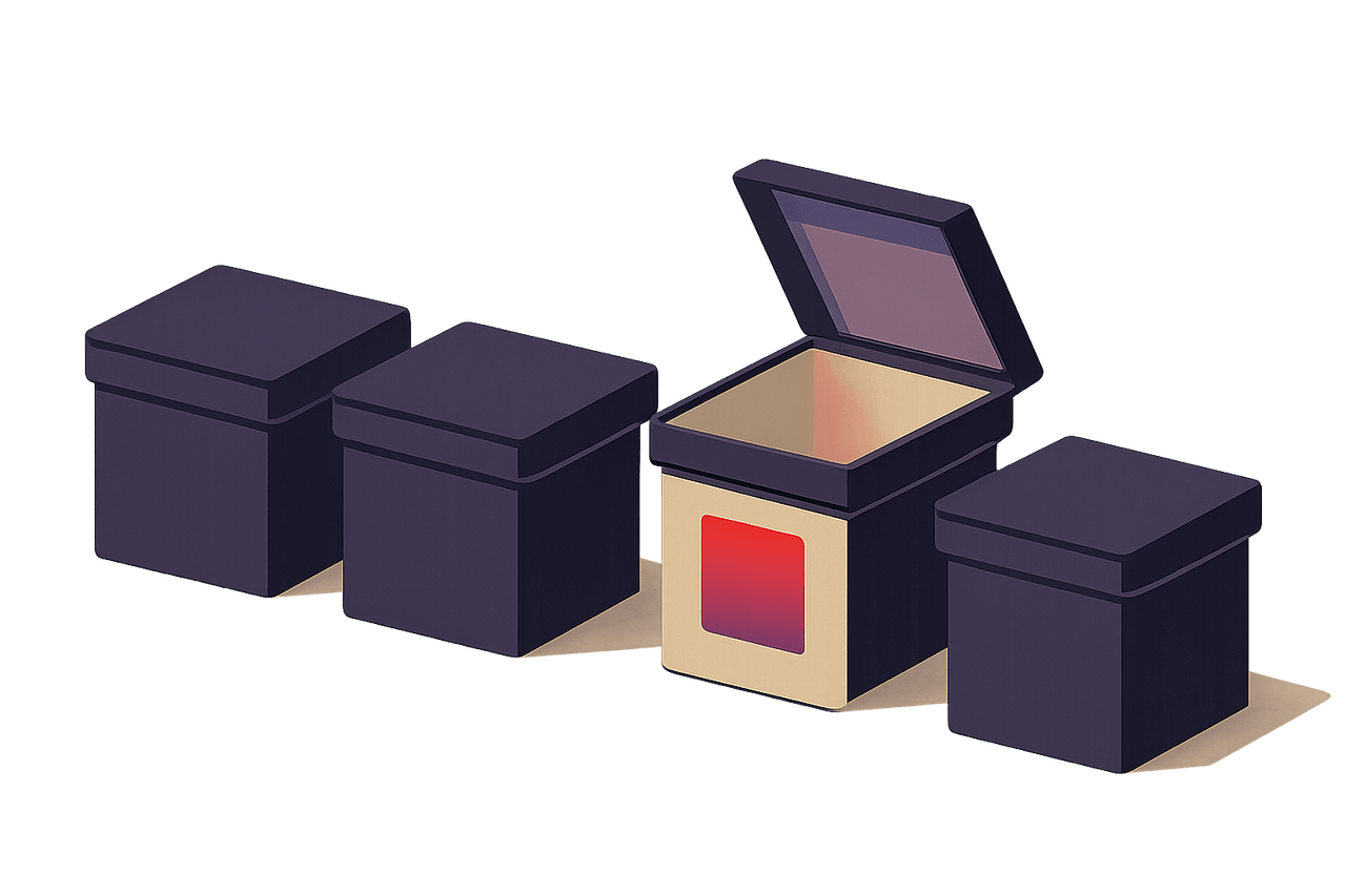 A row of identical geometric containers with one opened and marked differently