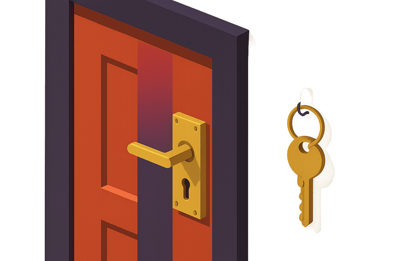 a repaired door with a fresh lock, while a spare key still hangs unnoticed on a hook beside the frame